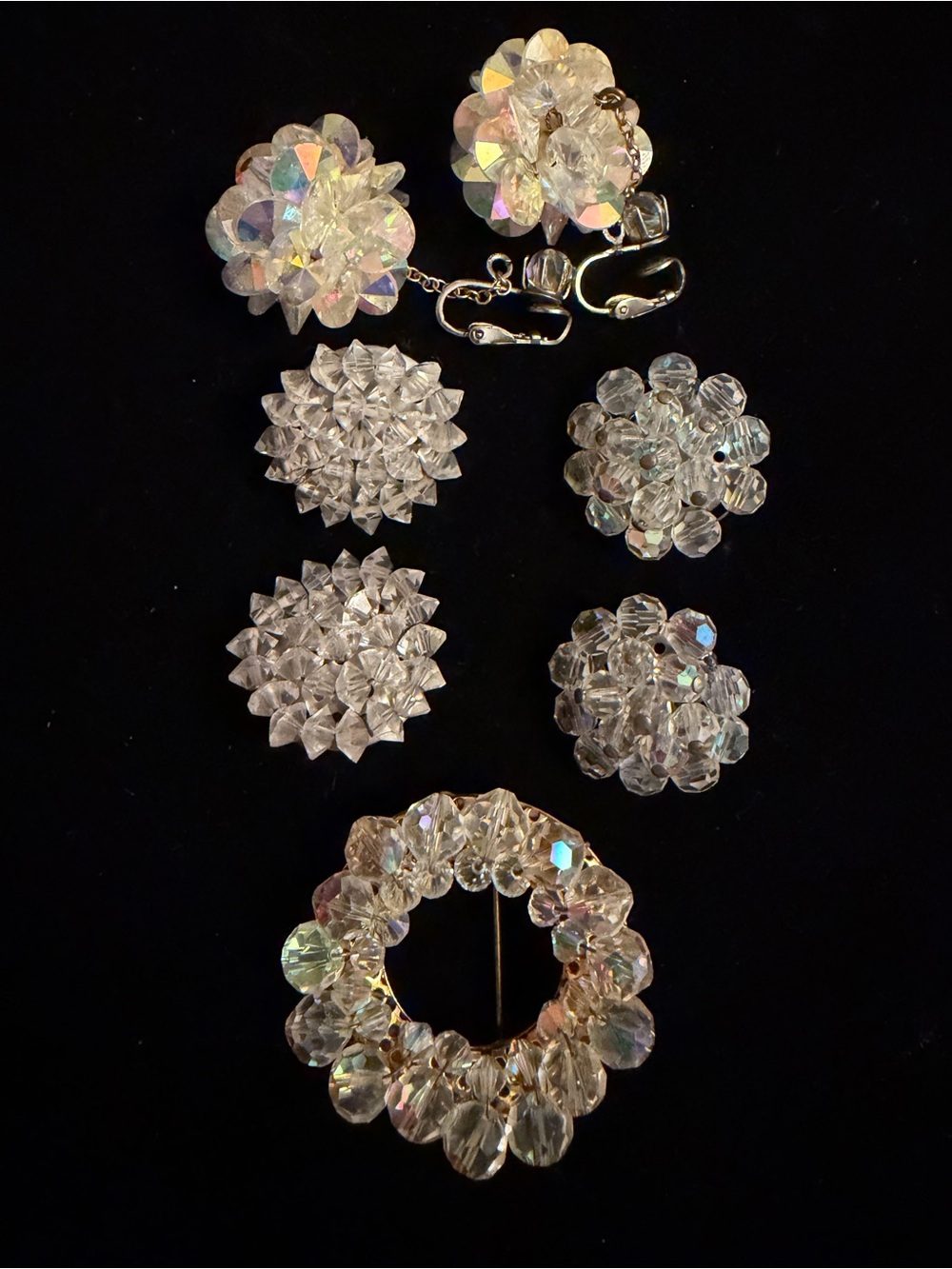 Vintage 1950s Aurora Borealis Crystal Jewelry Set, 3 Pairs Clip On Earrings